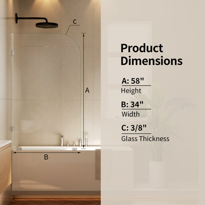 DeerValley DV-1SD0466B10 34" W x 58" H Frameless Bathtub Shower Door, Single Fixed Bath Panel with Clamps, 3/8" Tempered Glass Bathroom Shower Screen
