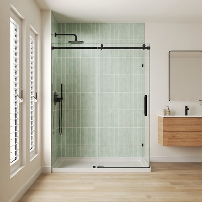 DeerValley DV-1SD469ZH016 Shower Door, Smooth Sliding Experience with Matte Black Top Rail and Clear Glass Panel