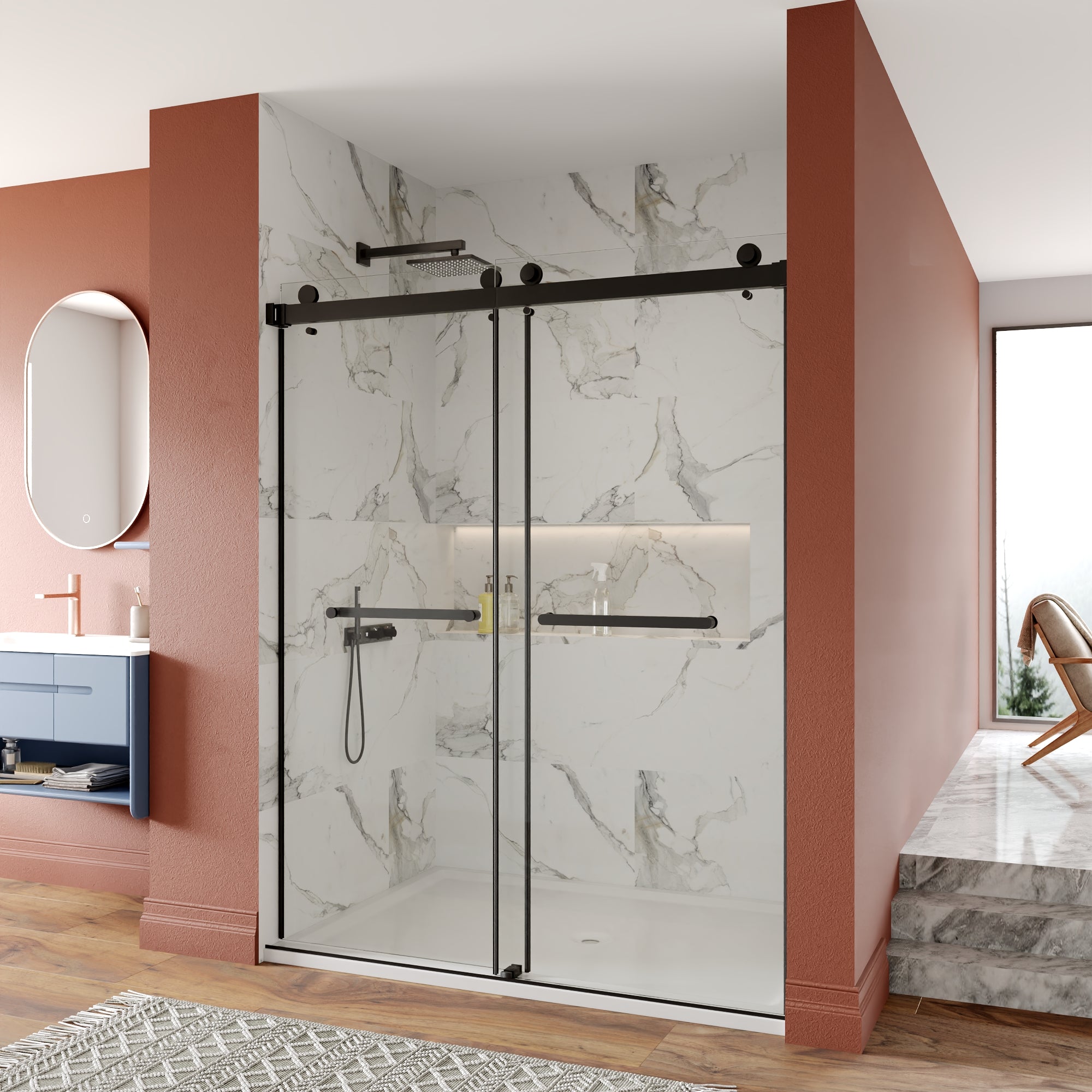 DeerValley DV-1SD056 60" x 76" Frameless Sliding Shower Door, 3/8" Clear Tempered Glass