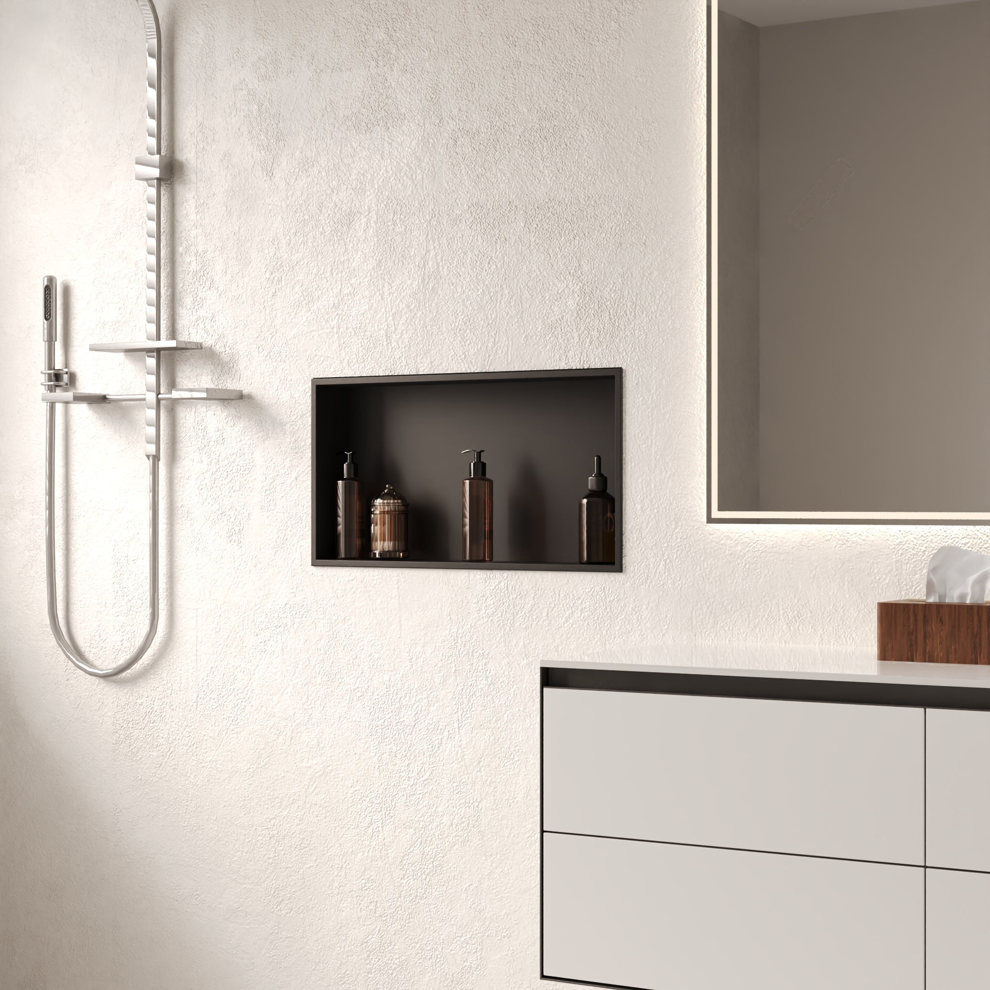 DeerValley 12" x 24" Single Shelf Shower Niche with Drainage Slope, Matte Black, White, or Stainless Steel Finish - Recessed Wall Bathroom Niche, No Tile Required