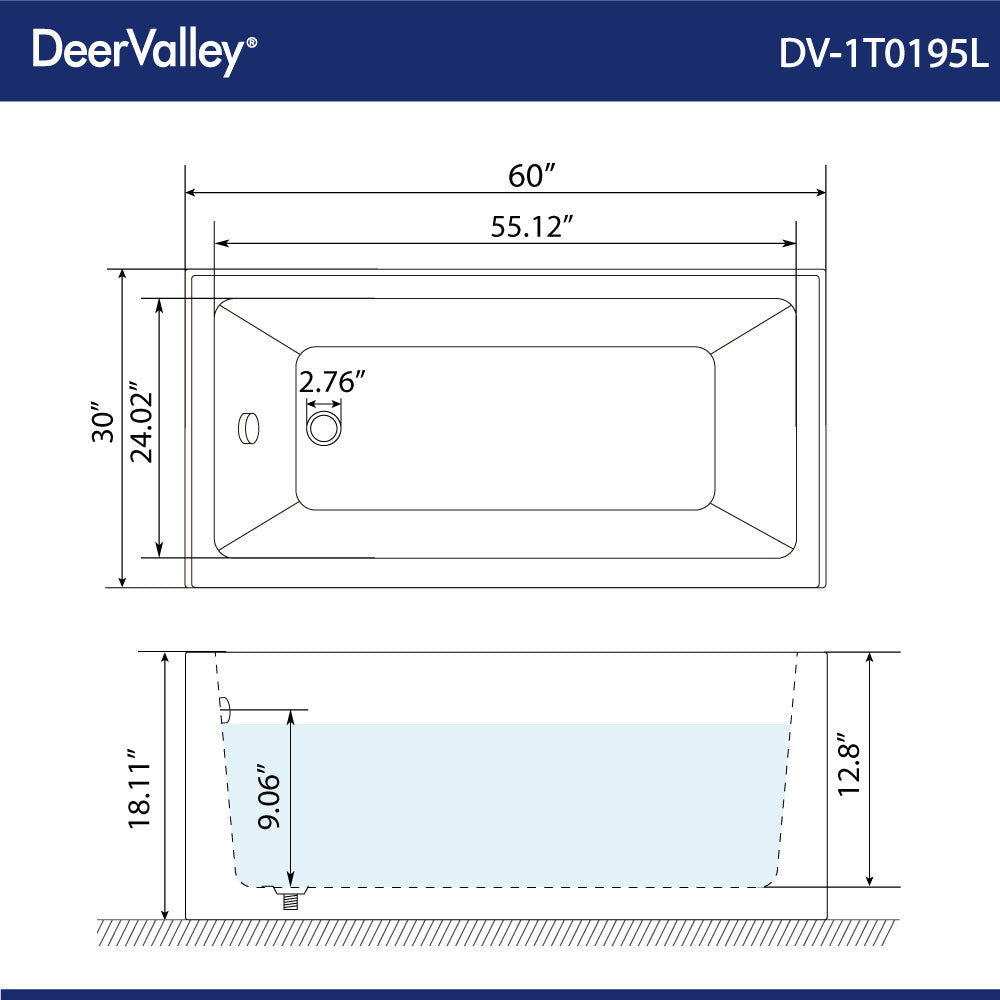 Liberty DeerValley Acrylic Drop In Bathtub,Alcove Bath with Integral Apron,Bathtubs & Soaking Tub with Left Hand Drain (60"x30") White