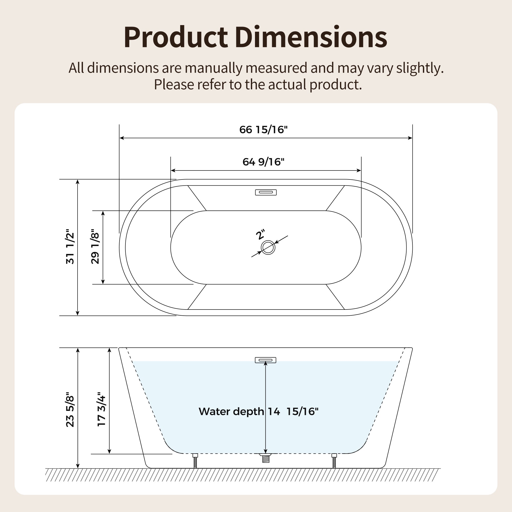 DeerValley DV-1T0582/DV-1T0583 55"/66" Acrylic Freestanding Bathtub, Deep Soaking Tub with Center Drain & Integrated Overflow, Modern White Standalone Shower Tub Ergonomic Design