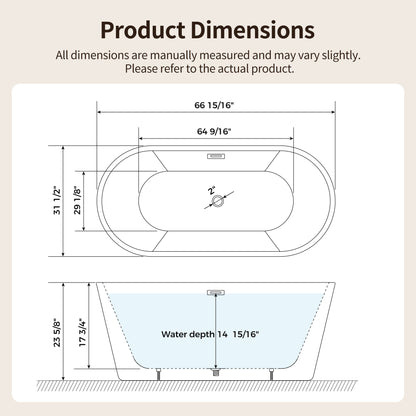 DeerValley DV-1T0583 Freestanding Soaking Tub, Deep 15" Water Depth & Leak-Proof Design