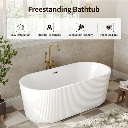 DeerValley DV-1T0582/DV-1T0583 55"/66" Acrylic Freestanding Bathtub, Deep Soaking Tub with Center Drain & Integrated Overflow, Modern White Standalone Shower Tub Ergonomic Design