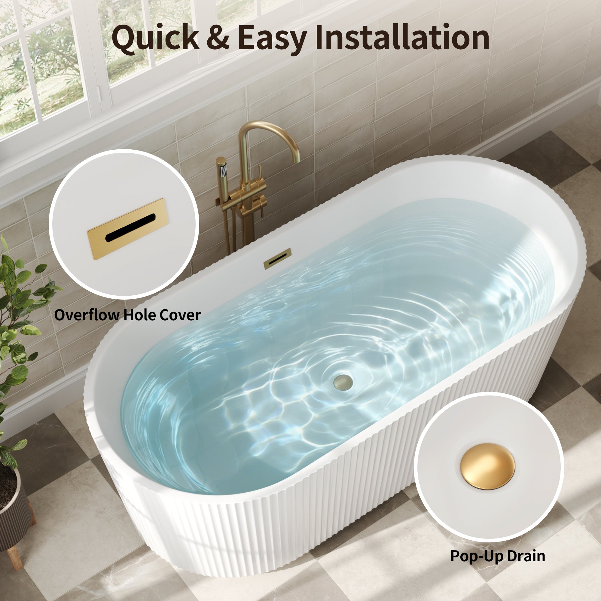 DeerValley DV-1T0582/DV-1T0583 55"/66" Acrylic Freestanding Bathtub, Deep Soaking Tub with Center Drain & Integrated Overflow, Modern White Standalone Shower Tub Ergonomic Design