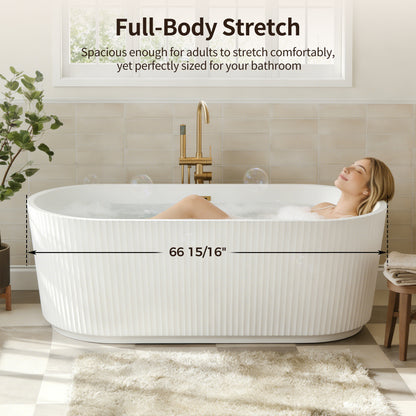 DeerValley DV-1T0582/DV-1T0583 55"/66" Acrylic Freestanding Bathtub, Deep Soaking Tub with Center Drain & Integrated Overflow, Modern White Standalone Shower Tub Ergonomic Design