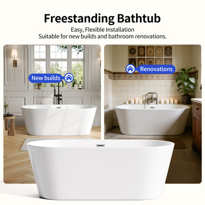 DeerValley DV-1T133S 67"Acrylic Freestanding Bathtub, Deep Soaking Tub with Center Drain & Integrated Overflow, Modern White Standalone Shower Tub Ergonomic Design