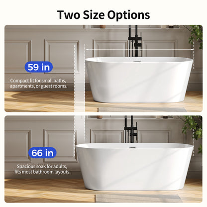 DeerValley DV-1T133S 67"Acrylic Freestanding Bathtub, Deep Soaking Tub with Center Drain & Integrated Overflow, Modern White Standalone Shower Tub Ergonomic Design