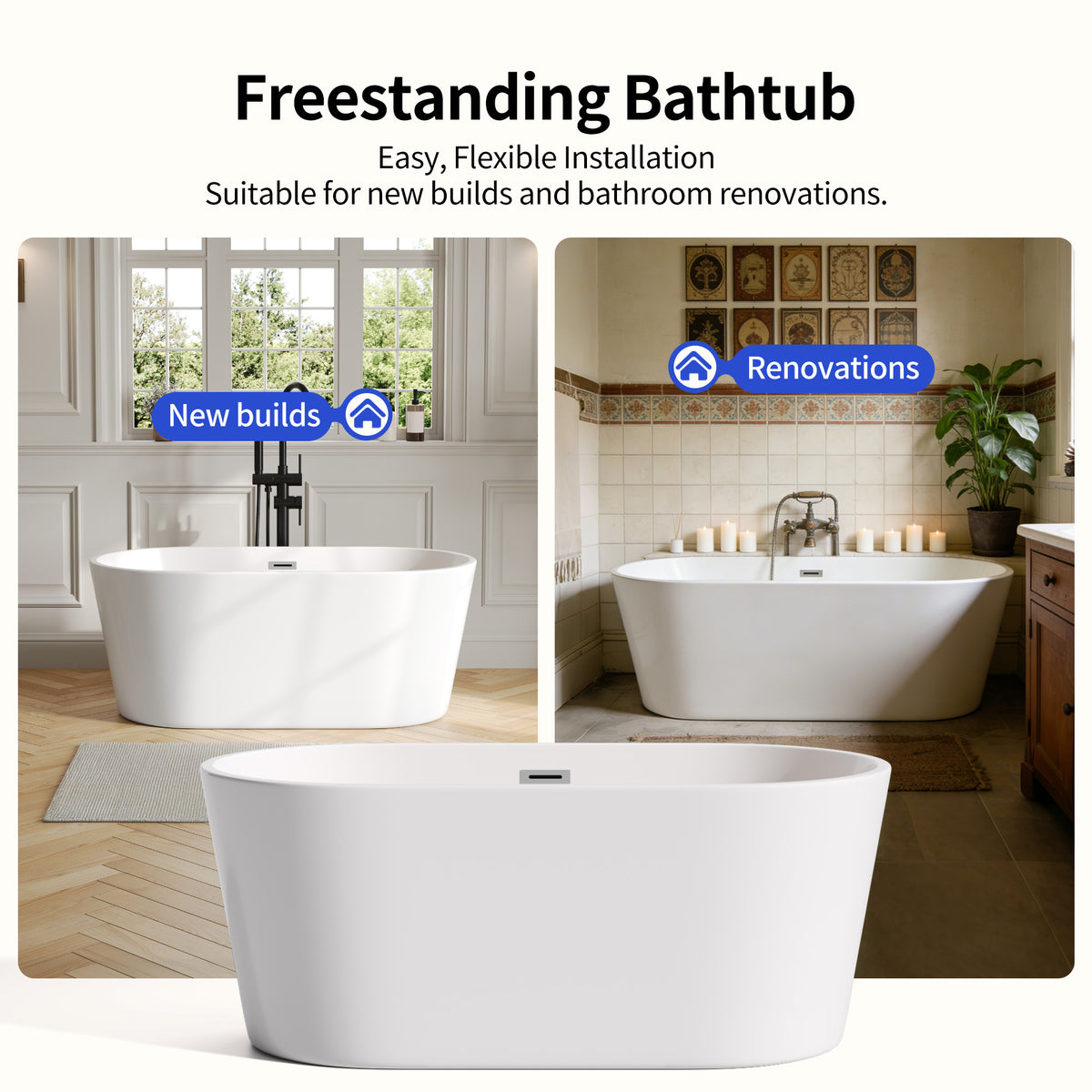 DeerValley DV-1T0582 Freestanding Soaking Tub, Deep 14" Water Depth & Leak-Proof Design