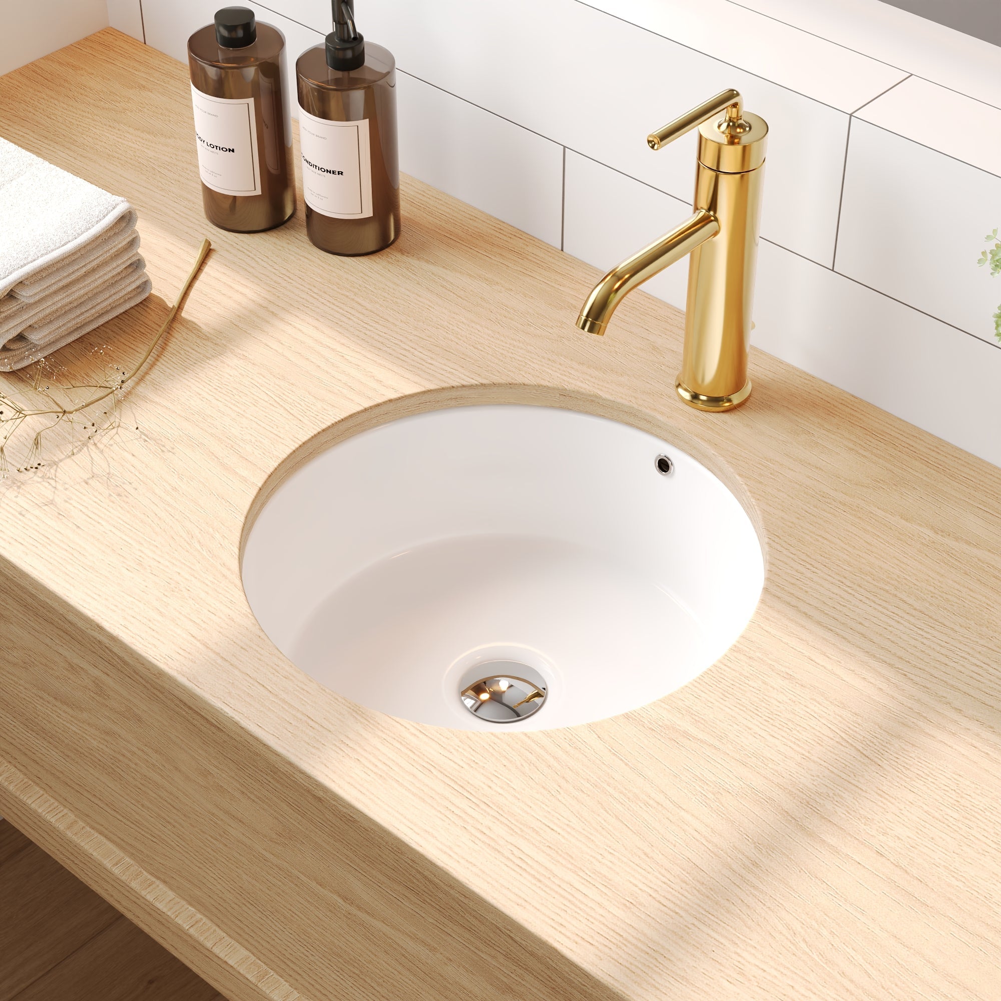 16.14"x15.95"  Round Undermount Bathroom Sink, Overflow Hole