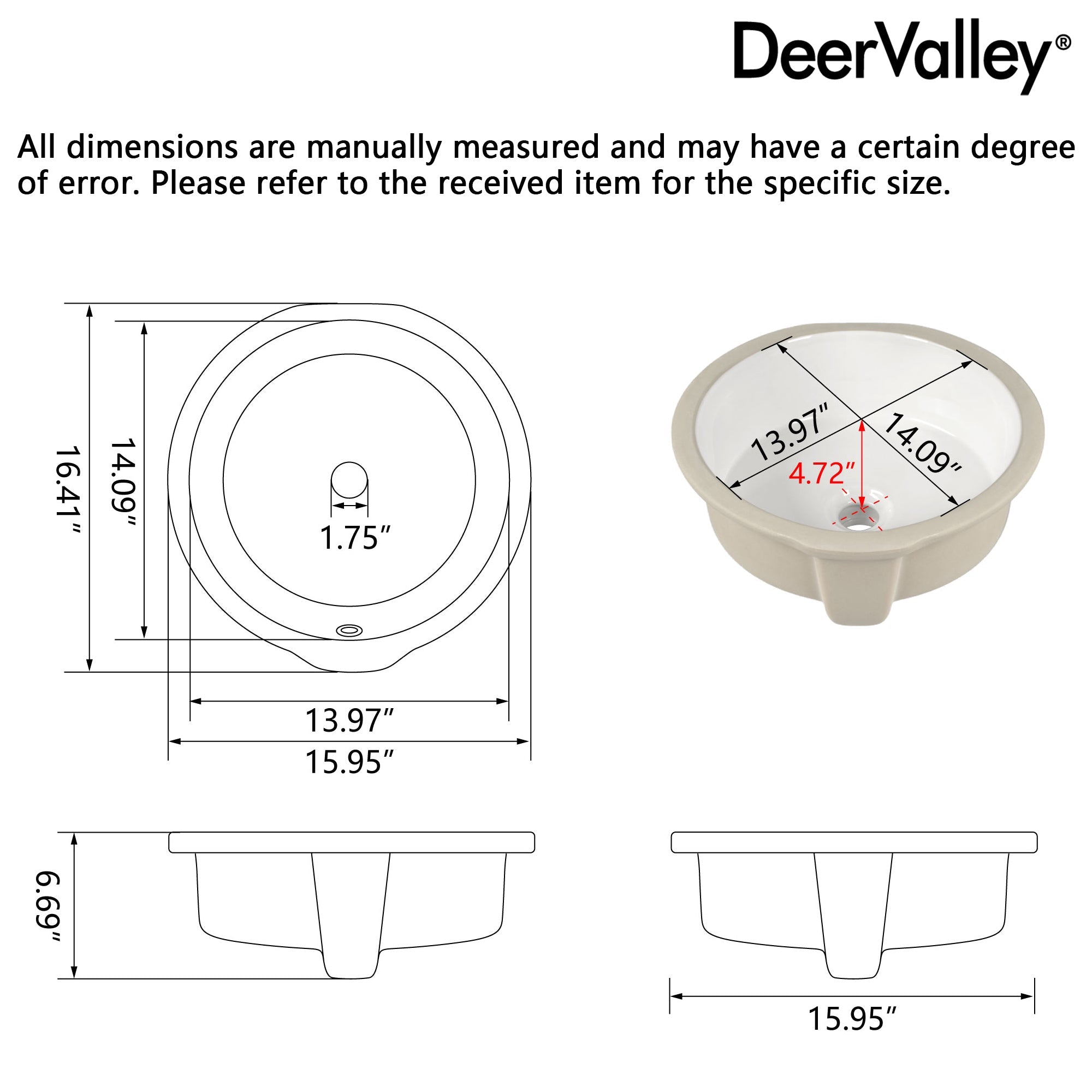 16.14"x15.95"  Round Undermount Bathroom Sink, Overflow Hole