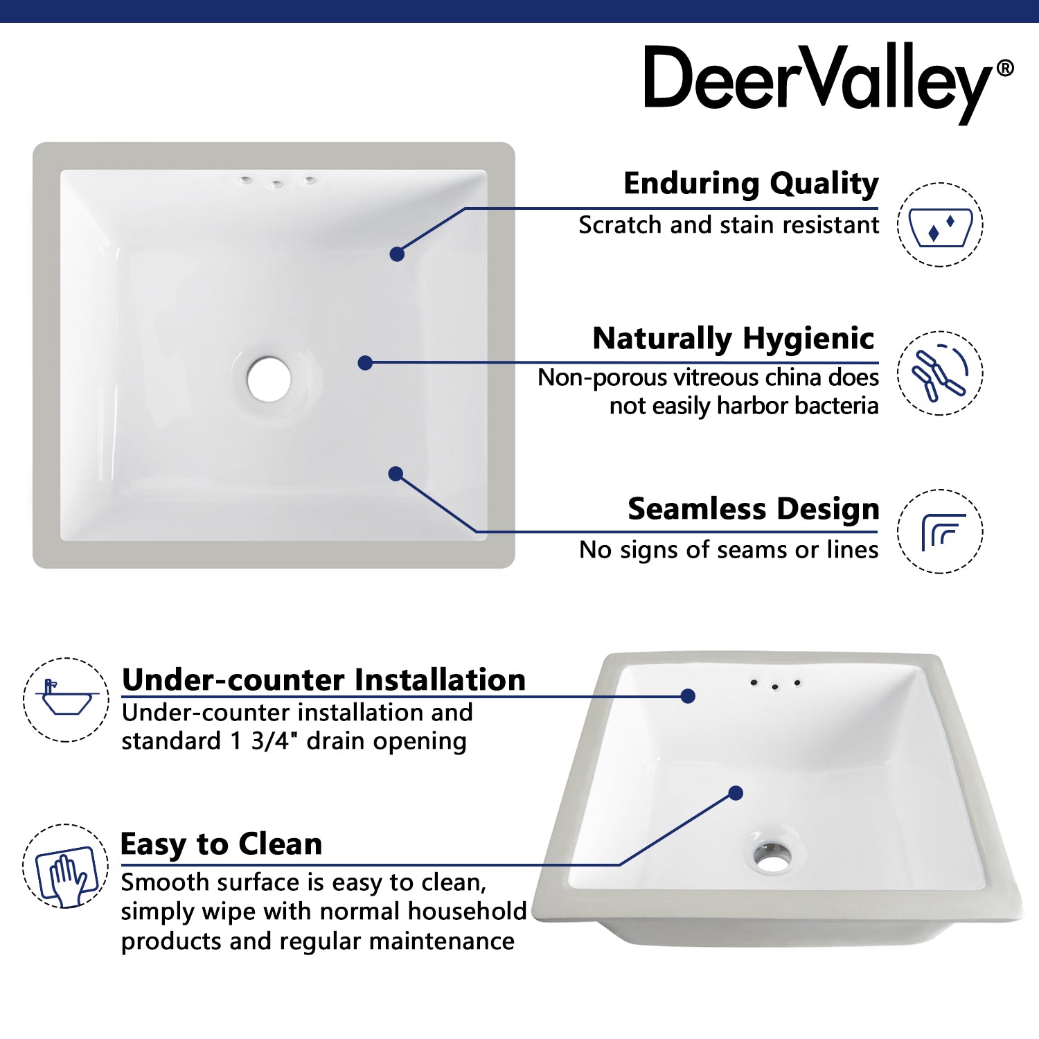 DeerValley Bath DeerValley DV-1U307 Ursa 16" X 14" Rectangular Vitreous China Undercounter Bathroom Sink With Overflow Hole Undermount Sinks