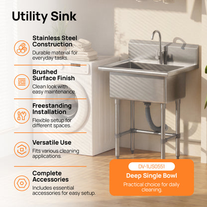 DeerValley DV-1US0550/551/552 Stainless Steel Utility Sink, Deep Basin & Freestanding X-Drain