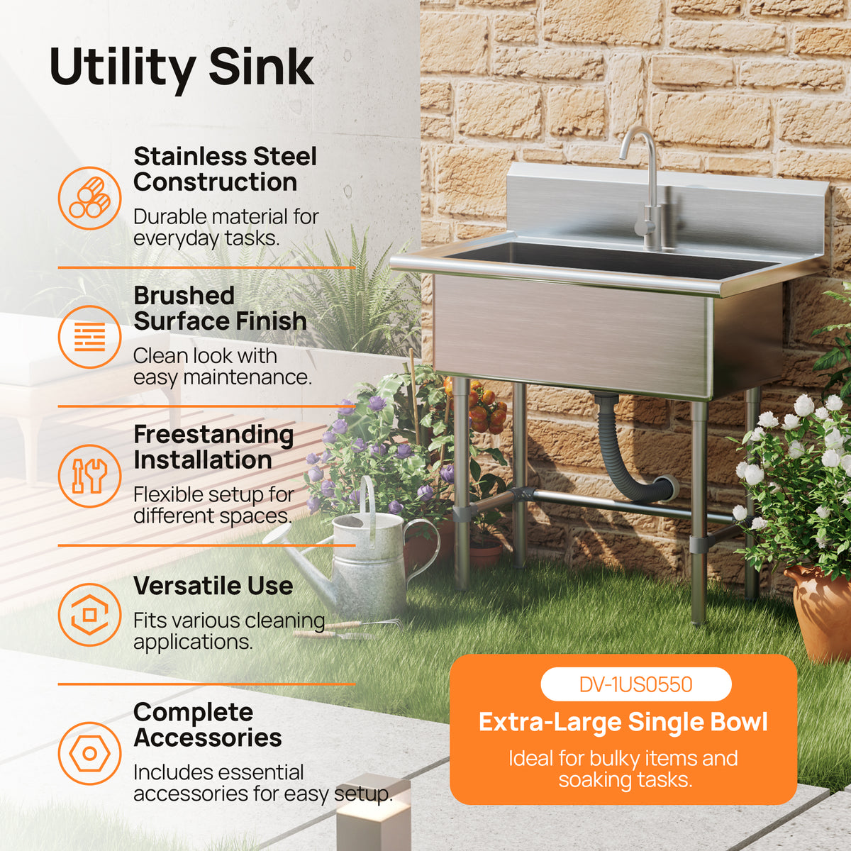DeerValley DV-1US0550/551/552 Stainless Steel Utility Sink, Deep Basin & Freestanding X-Drain