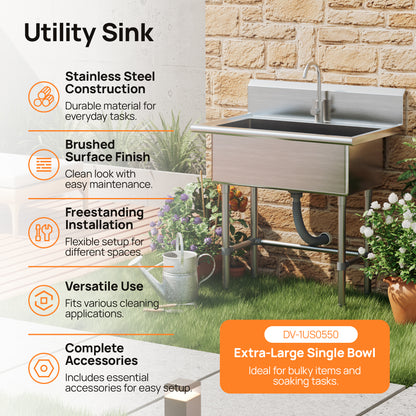 DeerValley DV-1US0550/551/552 Stainless Steel Utility Sink, Deep Basin & Freestanding X-Drain