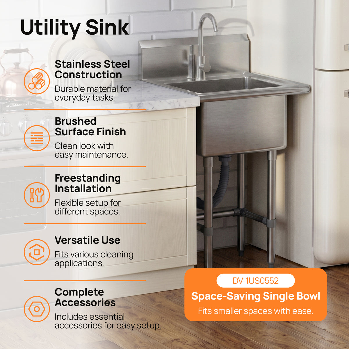 DeerValley DV-1US0550/551/552 Stainless Steel Utility Sink, Deep Basin & Freestanding X-Drain