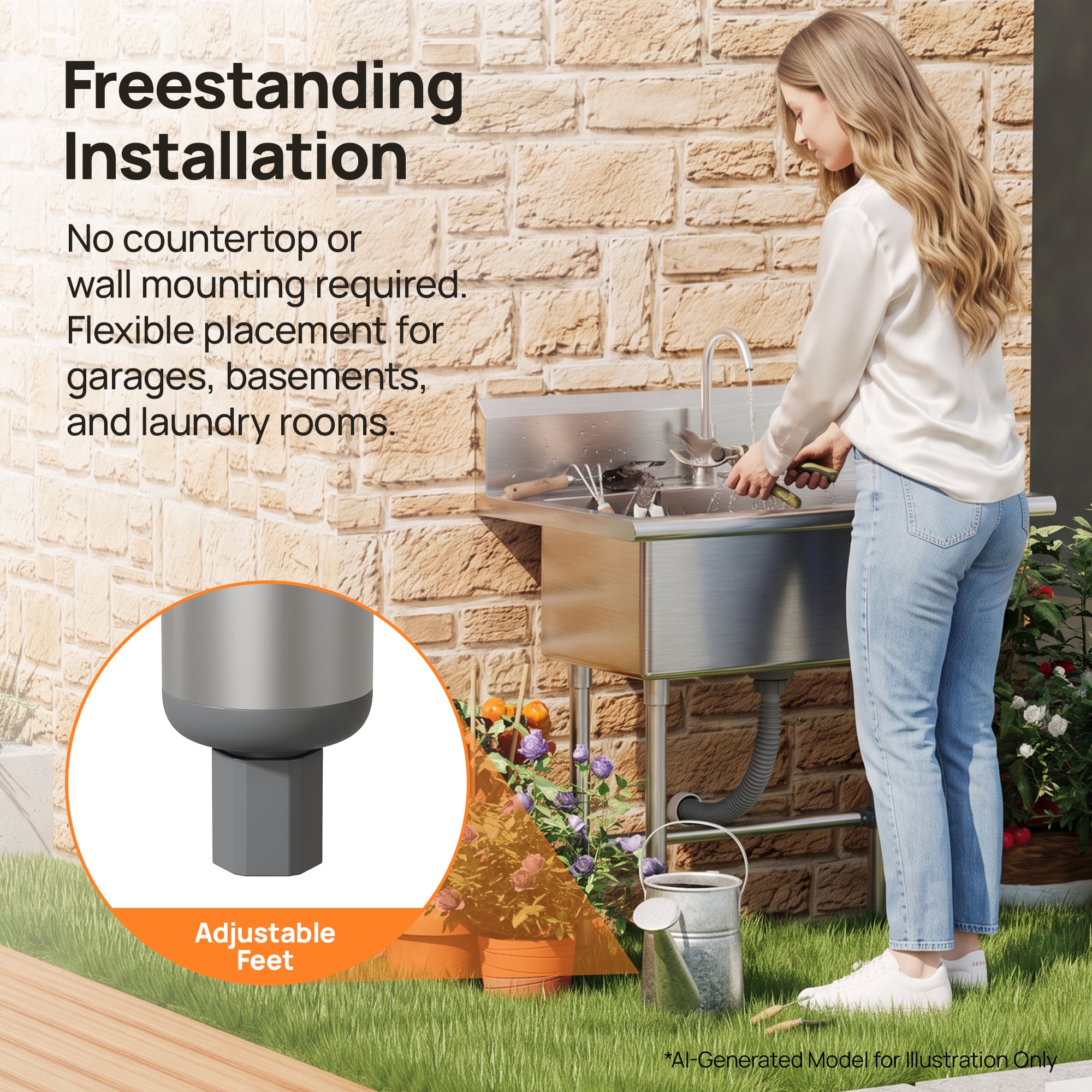 DeerValley DV-1US0550/551/552 Stainless Steel Utility Sink, Deep Basin & Freestanding X-Drain