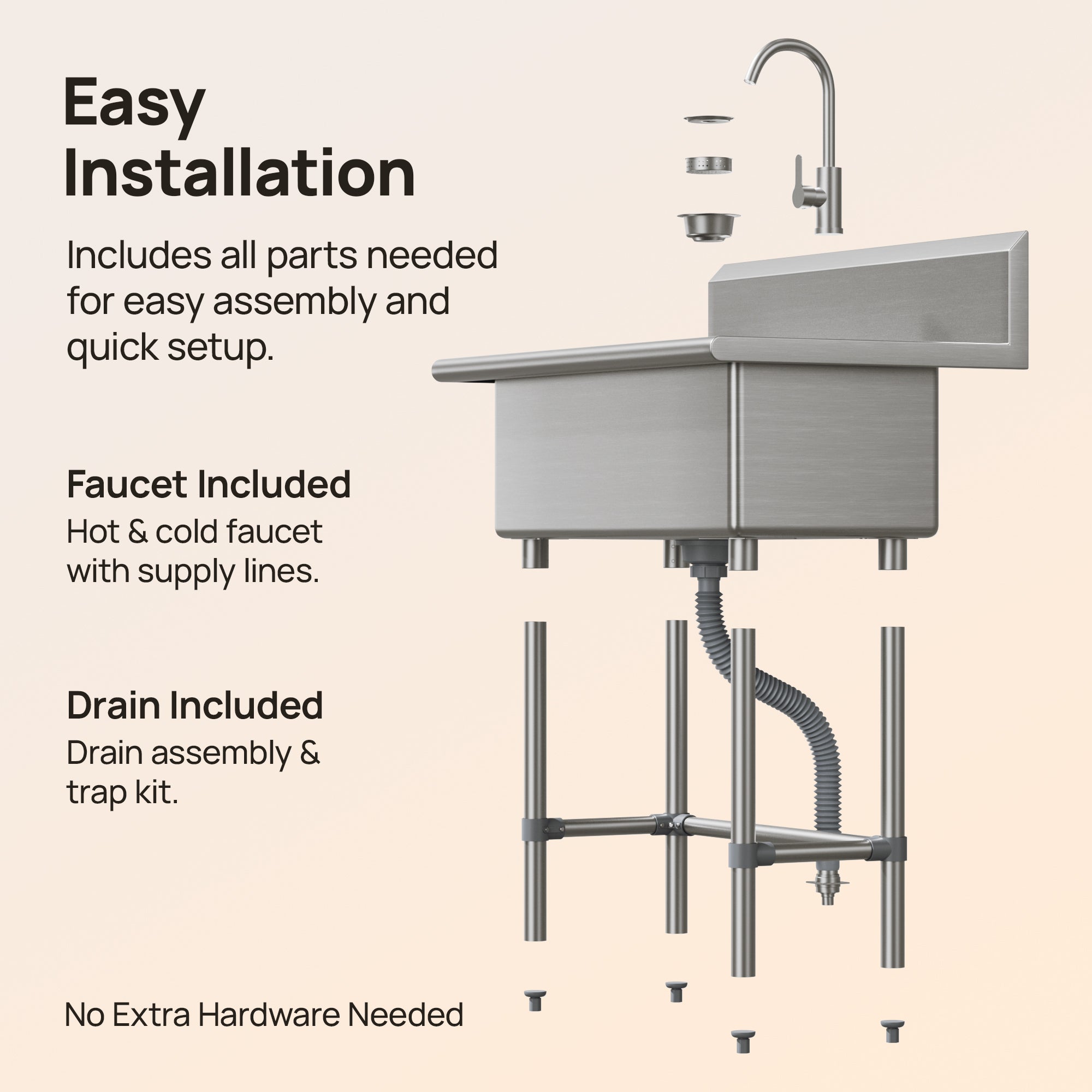 DeerValley DV-1US0550/551/552 Stainless Steel Utility Sink, Deep Basin & Freestanding X-Drain
