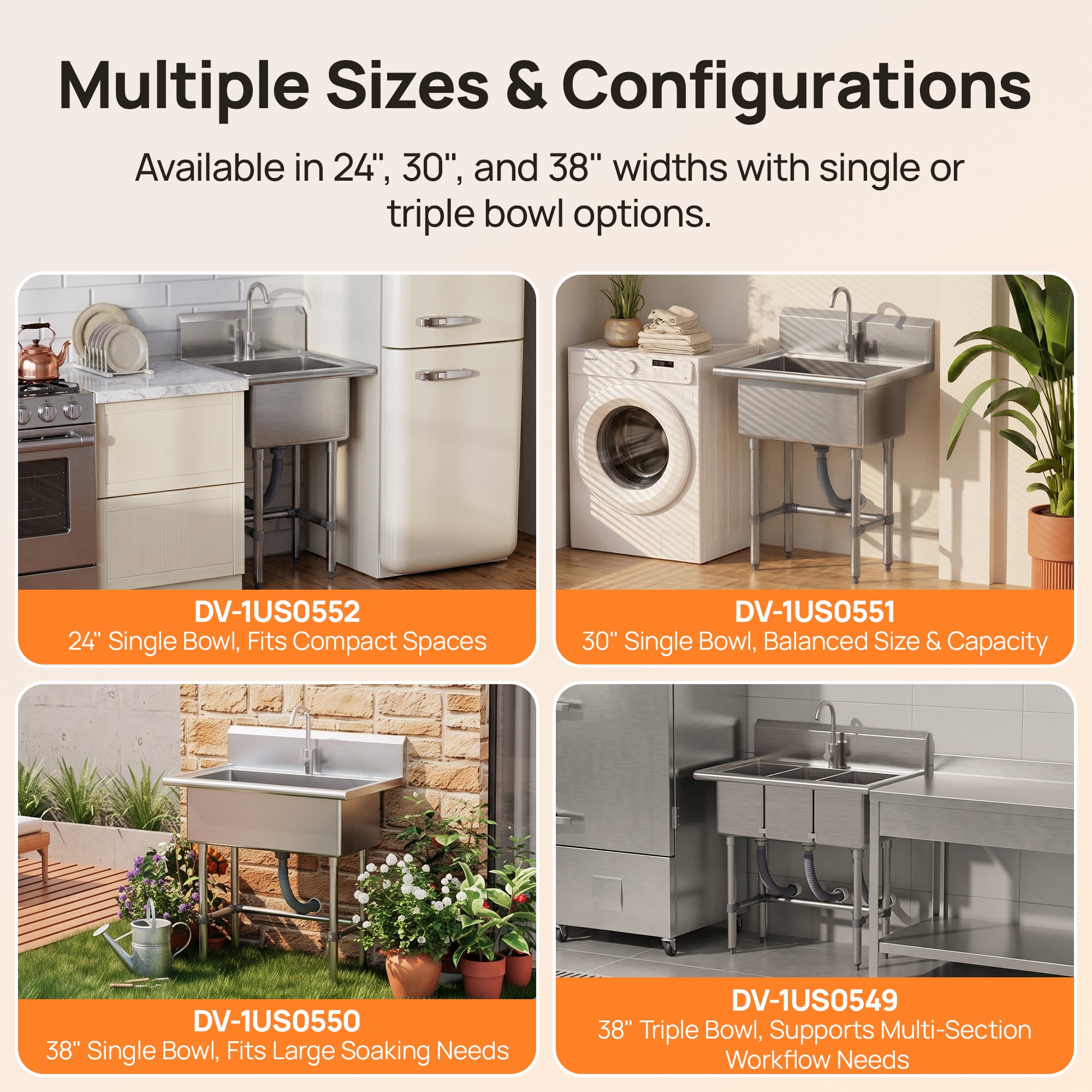 DeerValley DV-1US0550/551/552 Stainless Steel Utility Sink, Deep Basin & Freestanding X-Drain