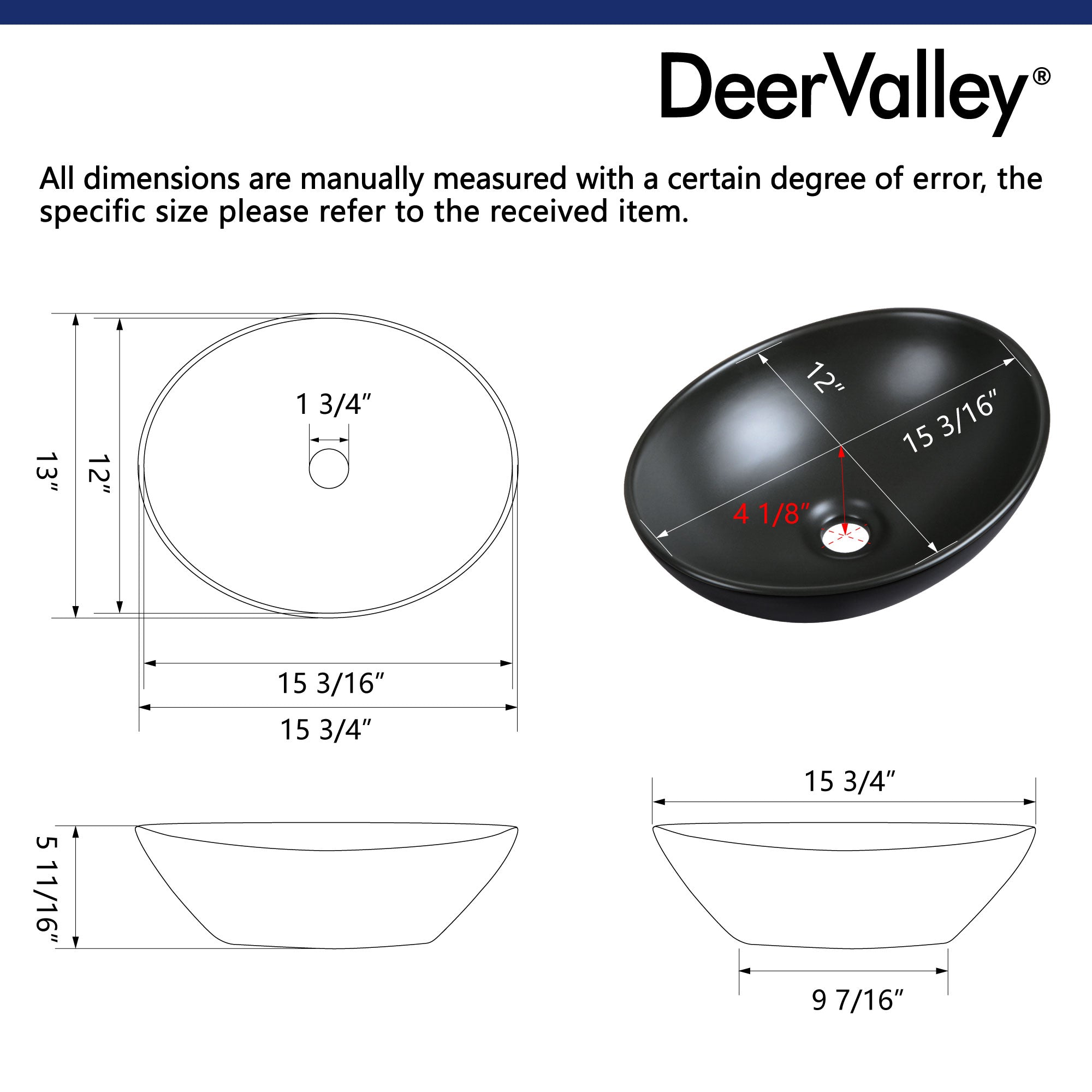 HORIZON 16" x 13" Oval Vessel Bathroom Sink, Without Overflow