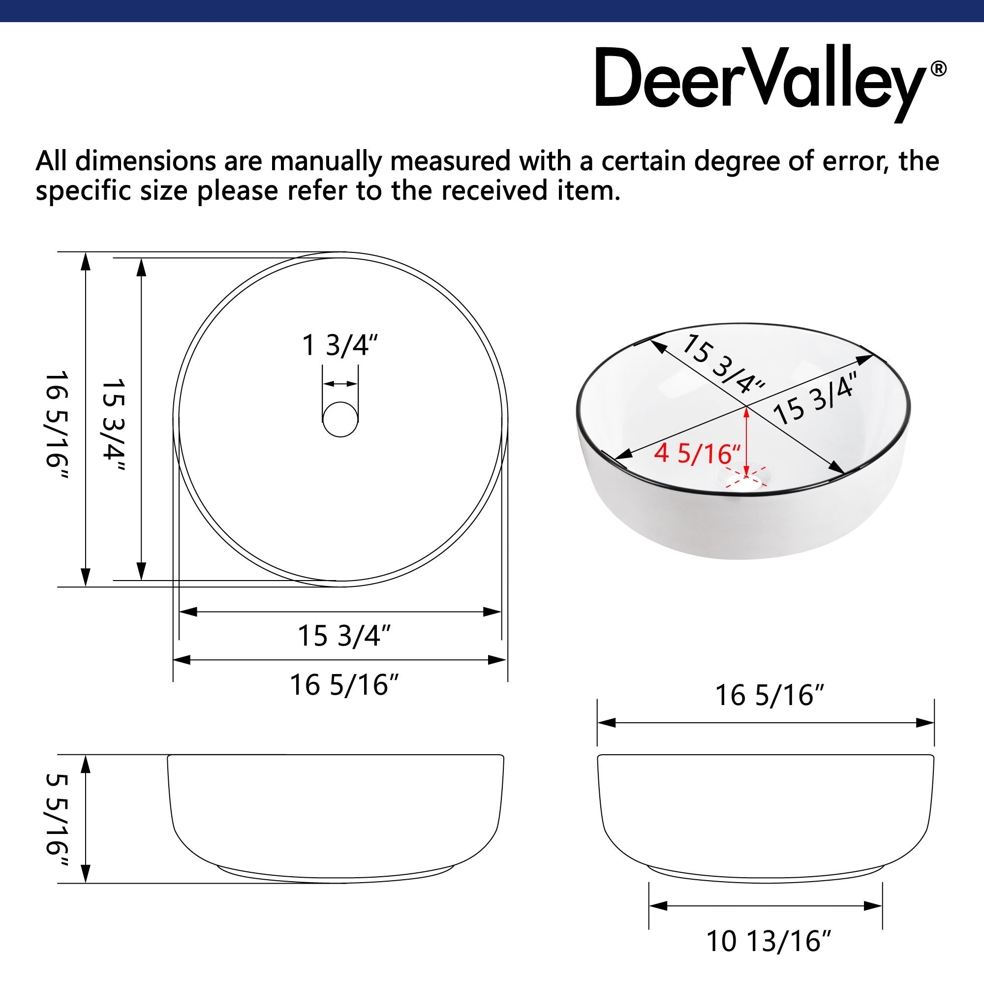 DeerValley Symmetry 16'' White Ceramic Circular Vessel Bathroom
