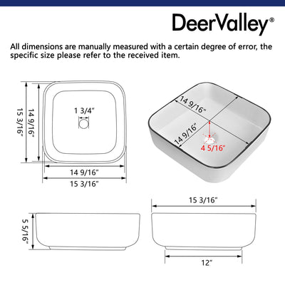 Deervalley DV-1V0033 15" Square Vessel Bathroom Sink, Without Overflow