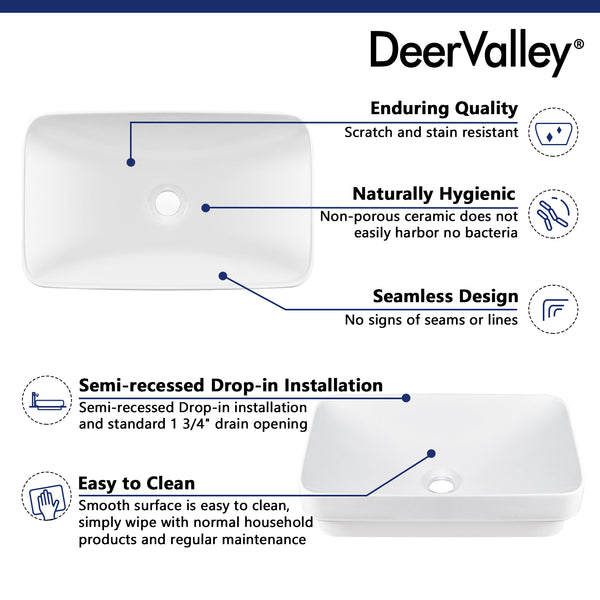 DV-1V0047 Ally 12'' Rectangular Drop-in Bathroom Sink, Scratch-Resistant Ceramic