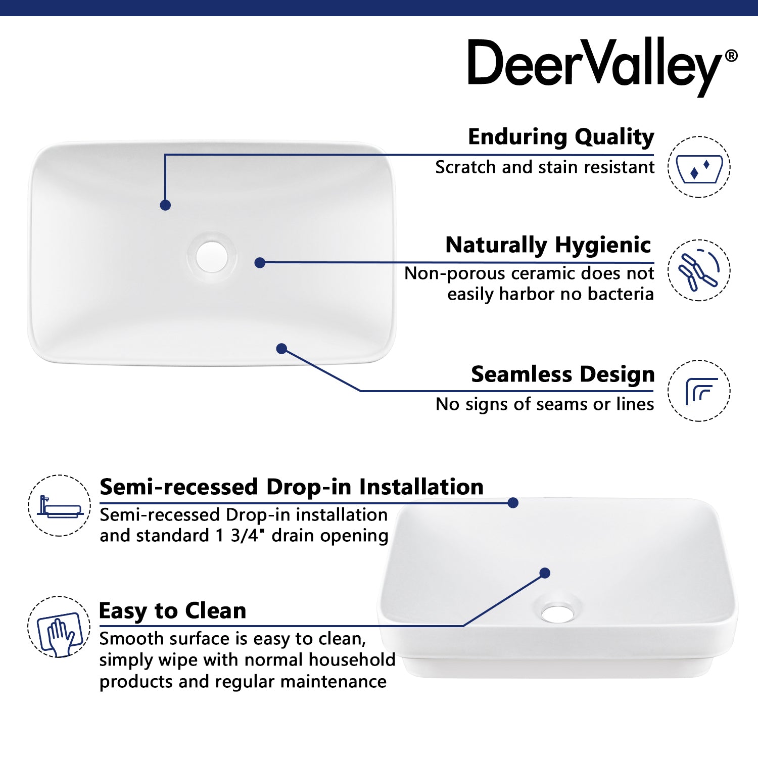ALLY 12"/16" Rectangular Drop-in Bathroom Sink With Multiple Colors, Scratch-Resistant Ceramic