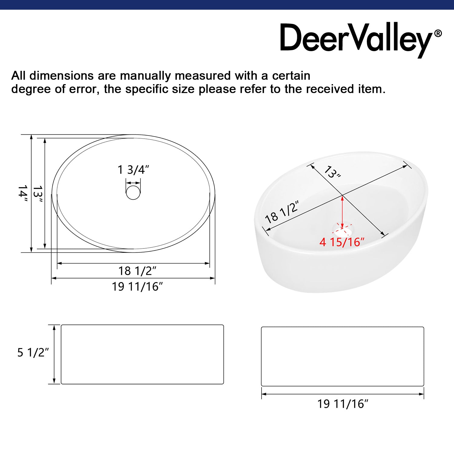 HORIZON 14" Oval Vessel Bathroom Sink, Without Overflow
