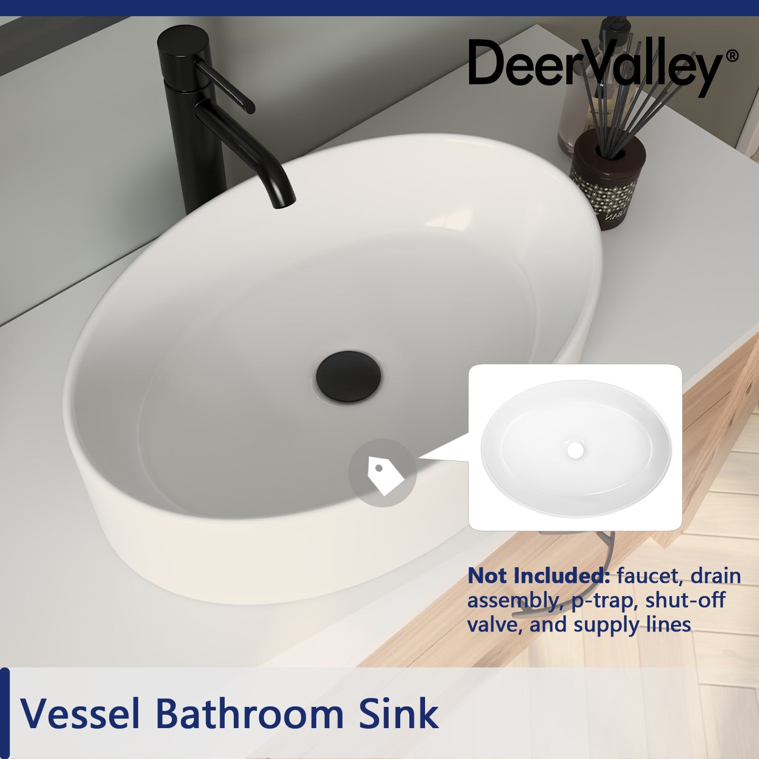 HORIZON 14" Oval Vessel Bathroom Sink, Without Overflow