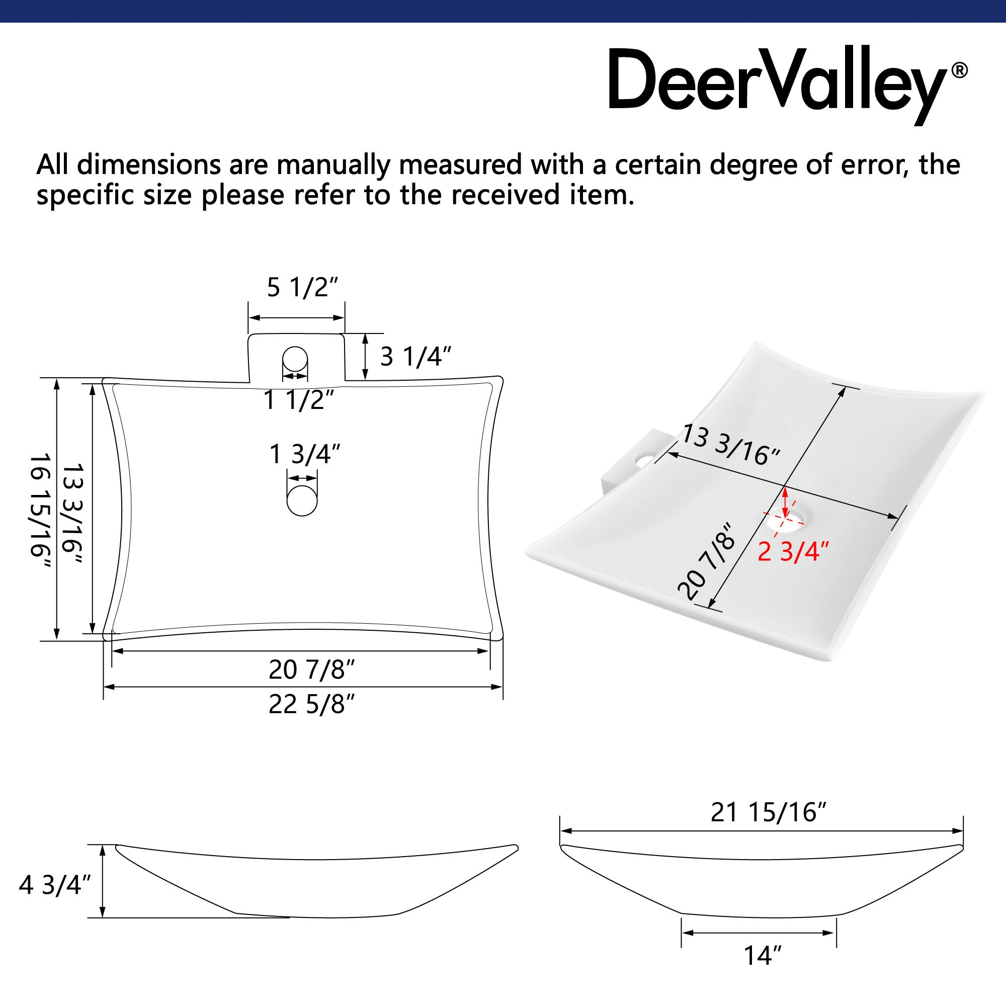 PRISM 22.64" Rectangular Vessel Bathroom Sink, Without Overflow