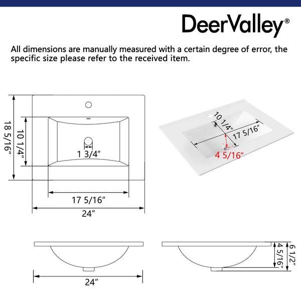 DV-1V0096 24" Rectangular Vanity Top Sink, Single Faucet Hole