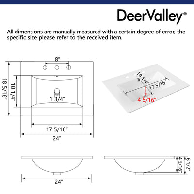 24" Rectangular Vanity Top Sink, Three Faucet Holes