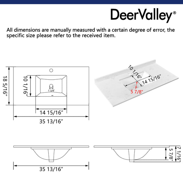 DV-1V0098 35" Rectangular Vanity Top Sink, Oversized countertop
