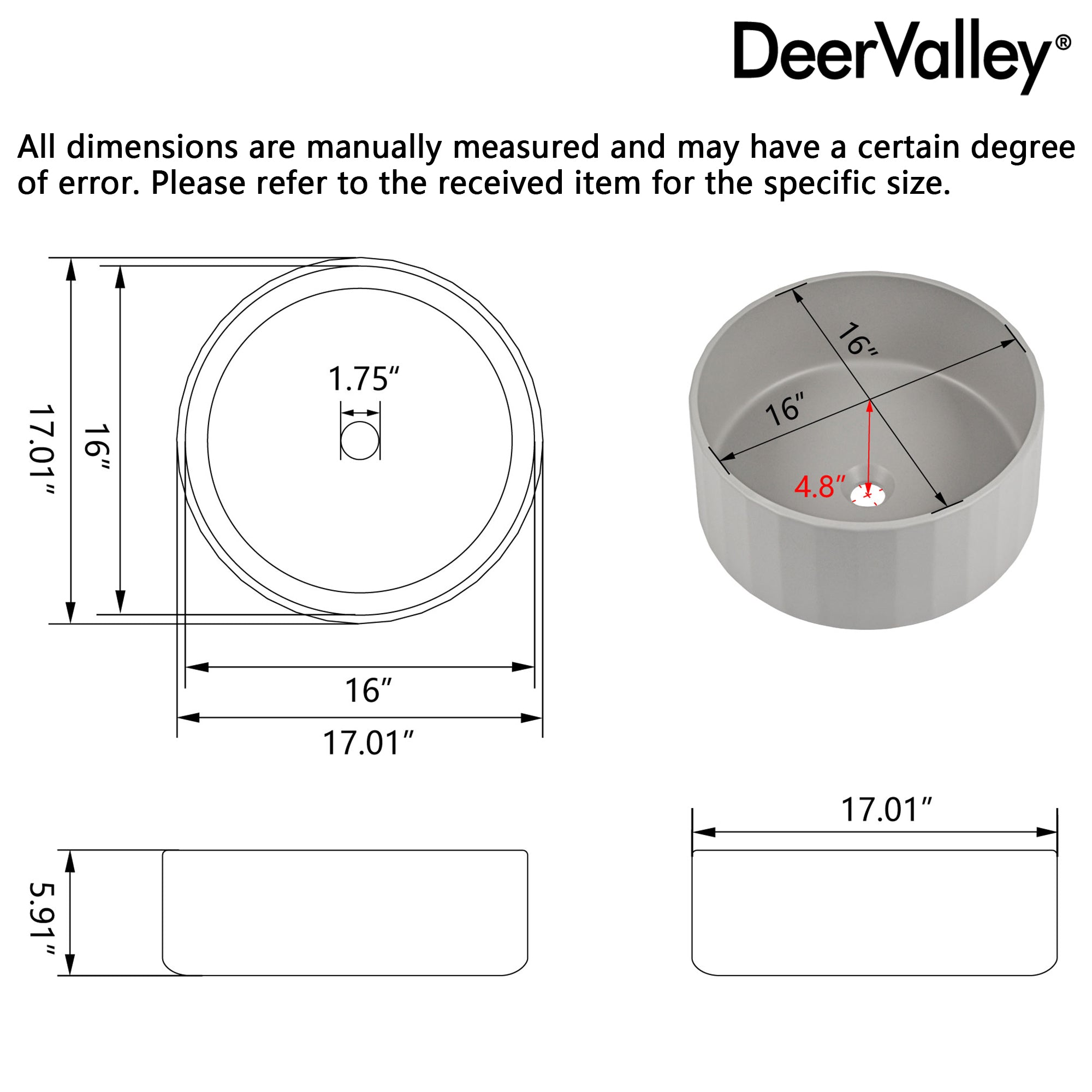 17" x 6" Round Vessel Bathroom Sink, Concrete