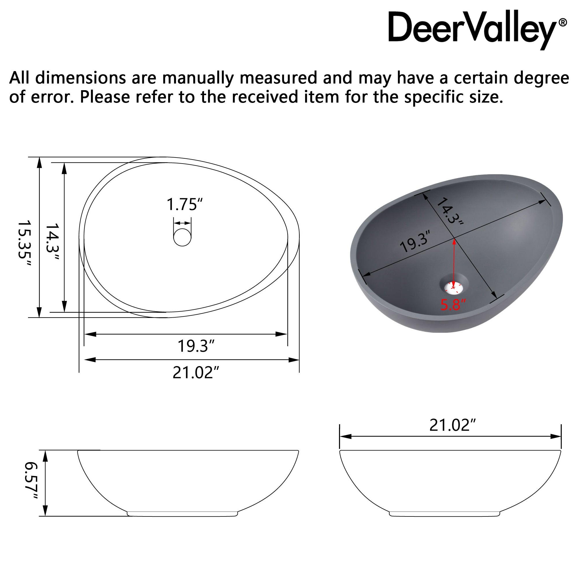 21" x 15" Egg-Shaped Vessel Bathroom Sink, Concrete