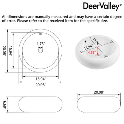 20" x 7" Round Vessel Bathroom Sink, Overflow Hole