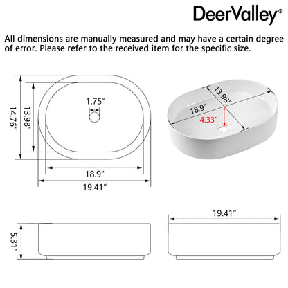 19" x 15" Oval Vessel Bathroom Sink, Seamless Design