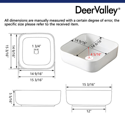 ACE 15" Square Vessel Bathroom Sink, Without Overflow