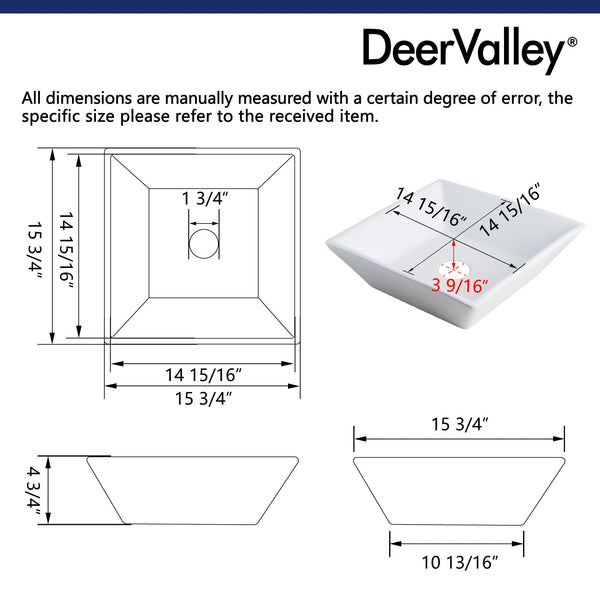 ACE 16.14" Square Bathroom Vessel Sink, Without Overflow