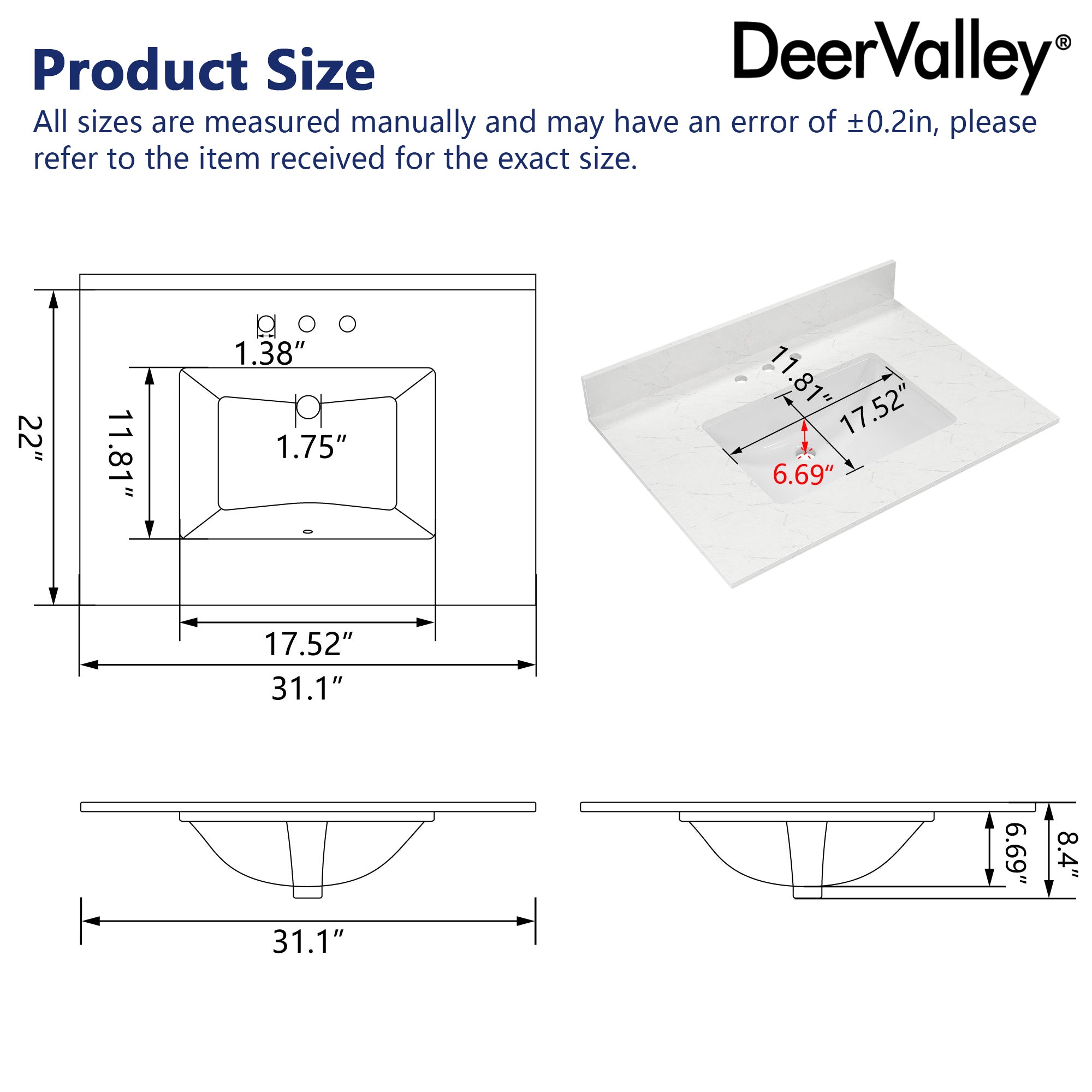31.1" Rectangular Vanity Top Sink, Overflow Hole
