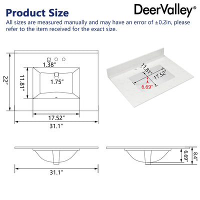 Deervalley DV-1V0226 31.1" Rectangular Vanity Top Sink, Overflow Hole