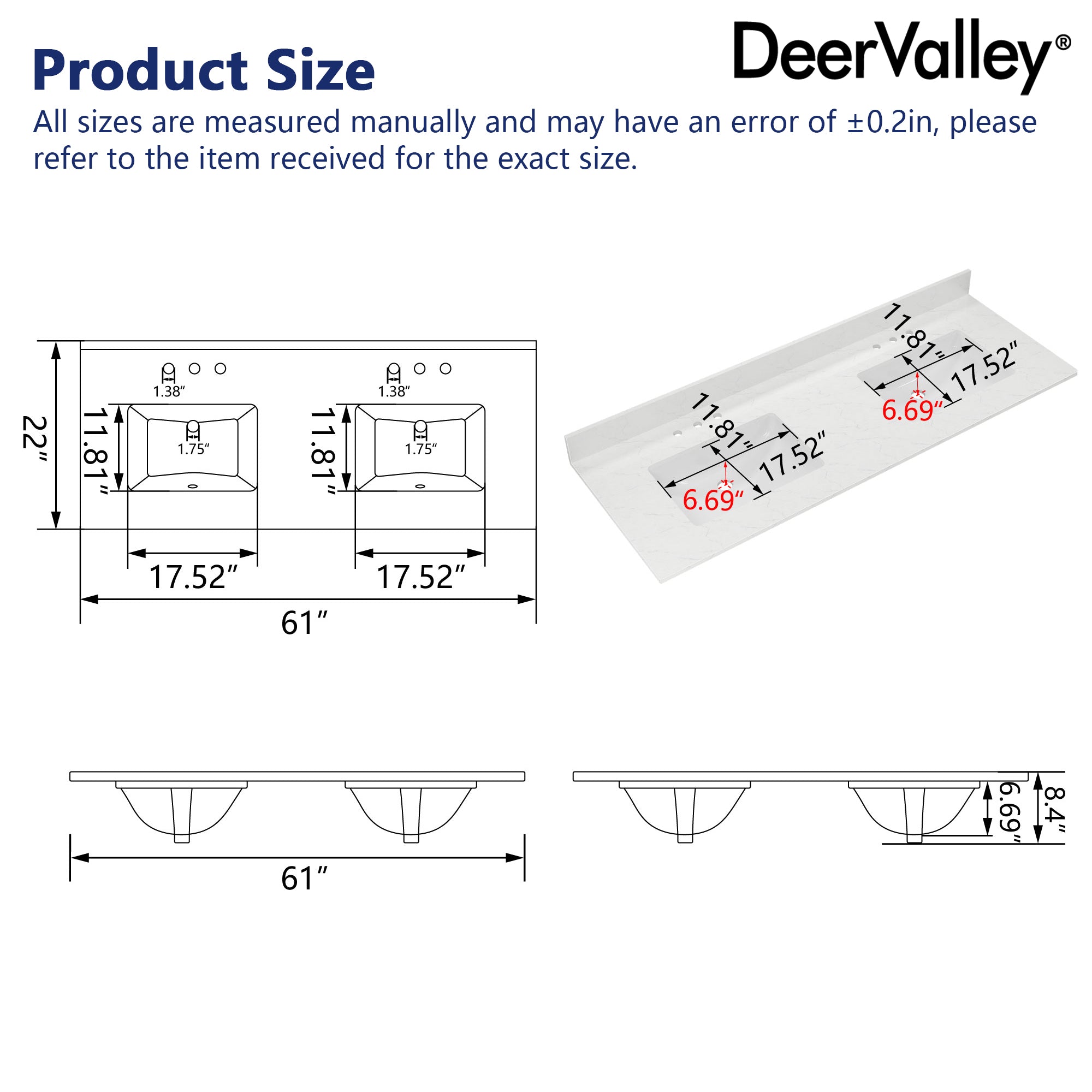 61" Rectangular Vanity Top Sink, Overflow Hole