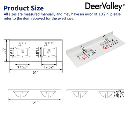 61" Rectangular Vanity Top Sink, Overflow Hole