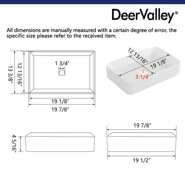 DeerValley DV-1V032 Ally White Ceramic Rectangular Round Sleek Vessel Bathroom Sink