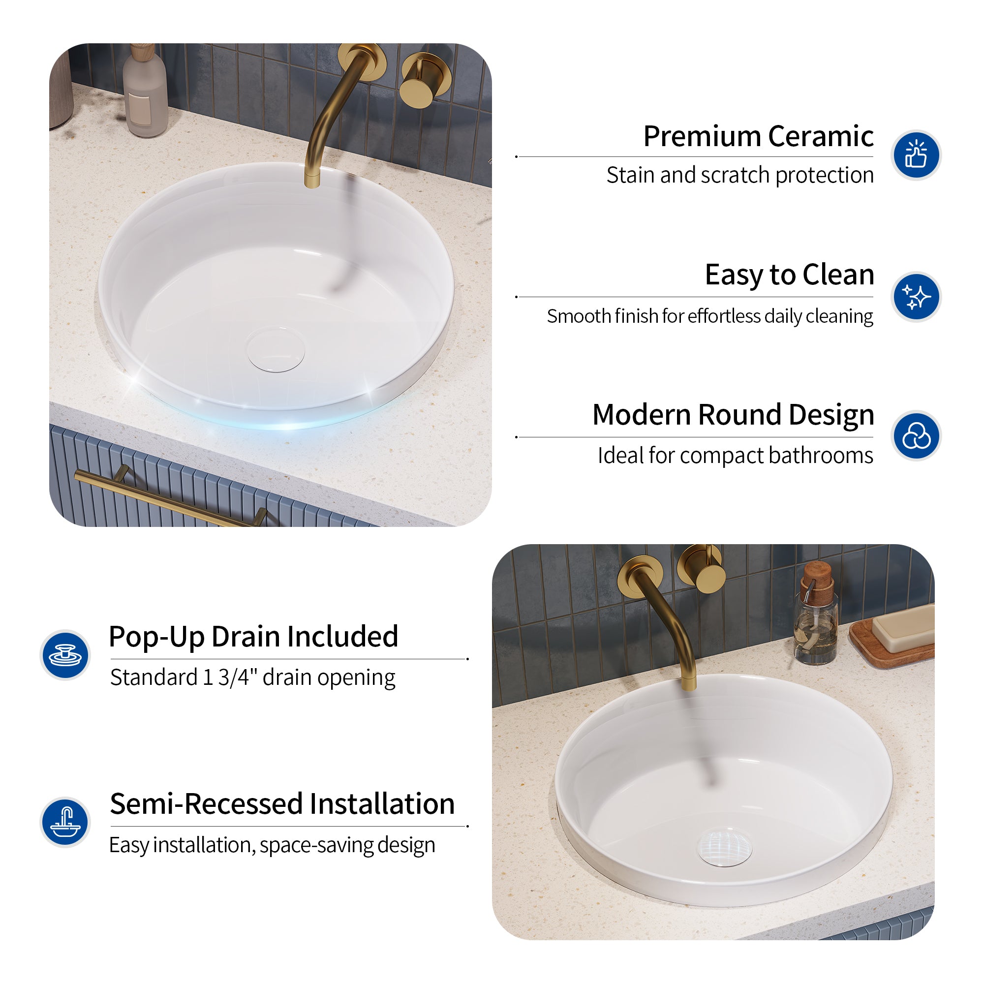 DeerValley DV-1V0473/DV-1V0475 Vessel Sink, Round Non-Porous Ceramic, No-Overflow