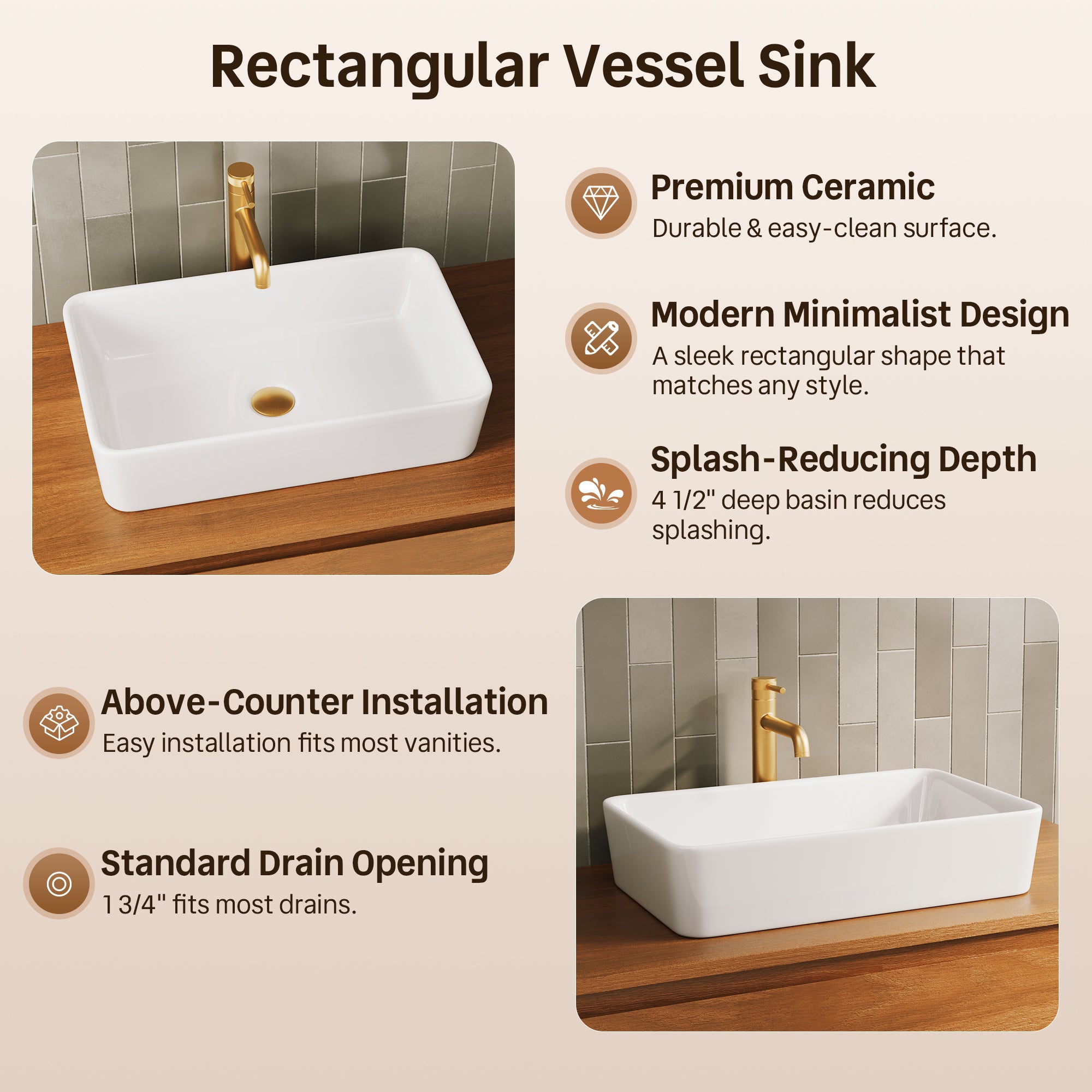 DeerValley DV-1V0602 Ceramic 23.63-in Vessel Rectangular Modern white Bathroom Sink