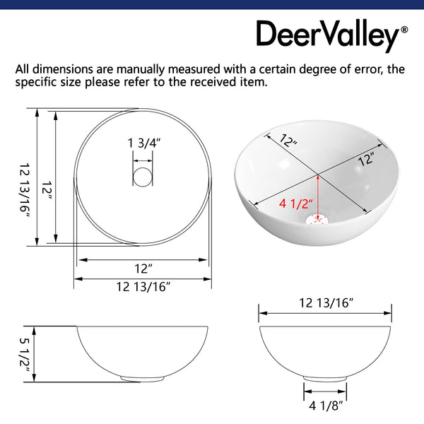 DeerValley DV-1V061 Symmetry White Ceramic Sleek Circular Vessel Bathroom Sink