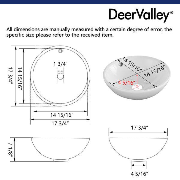 DeerValley DV-1V062 Symmetry Bathroom Ceramic Circular Overflow Hole Vessel Sink with Timeless Design