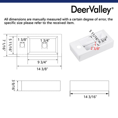 LIBERTY 14" Rectangular Wall-Mount Bathroom Sink, Space-Saving With Multiple Colors